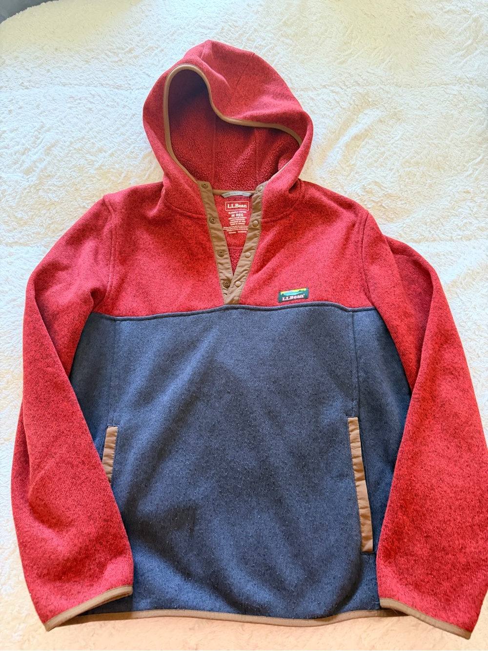 L.L. Bean Red Fleece Snap-Placket Hooded Pullover with Tan Trim